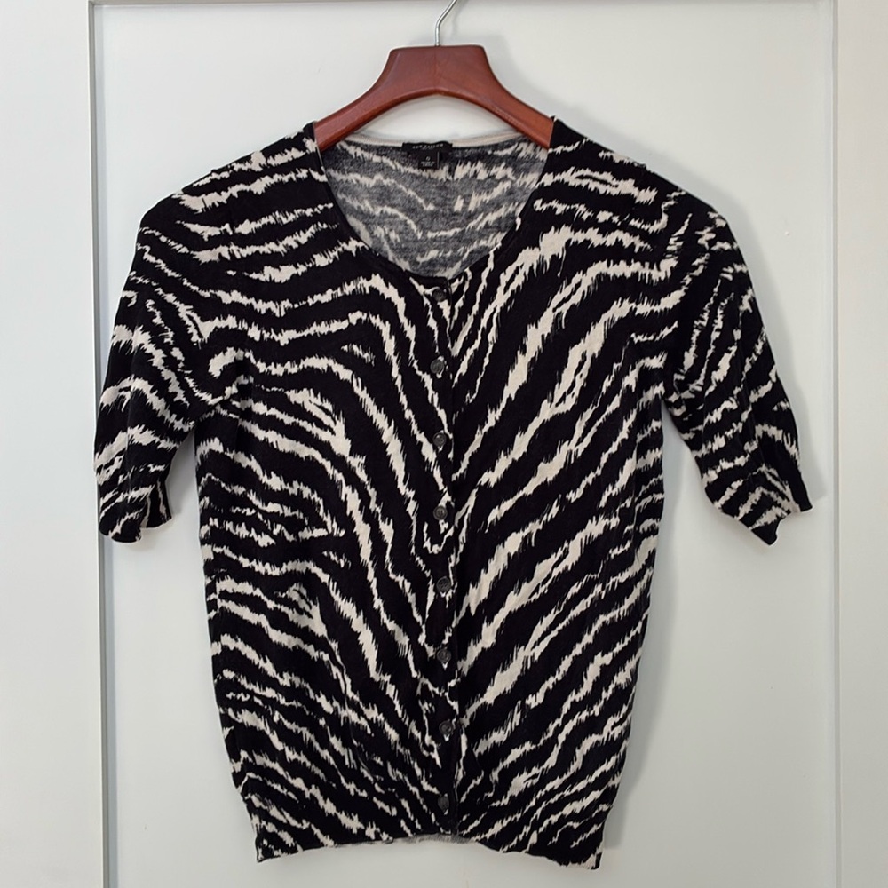 Ann Taylor black and white zebra print silk blend button-up cardigan